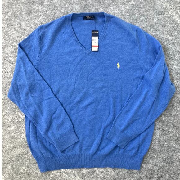Polo Ralph Lauren V Neck Sweater Mens XXL Merino Wool Light Blue Lightweight NWT - Picture 1 of 7